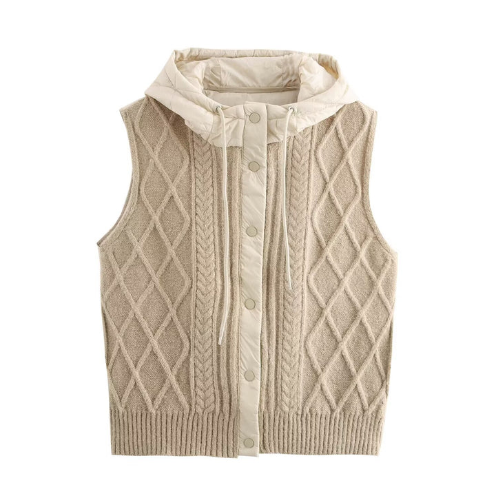 Women's sleeveless knitted vest with quilted hood and snap button placket Mune Fashion