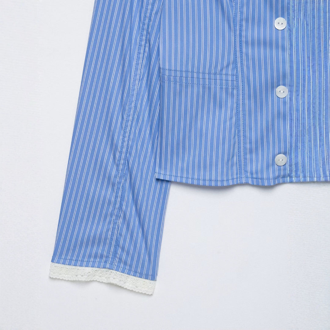 Women's Striped Cropped Blouse Jacket with Lace Trim and Stand-Up Collar Drune