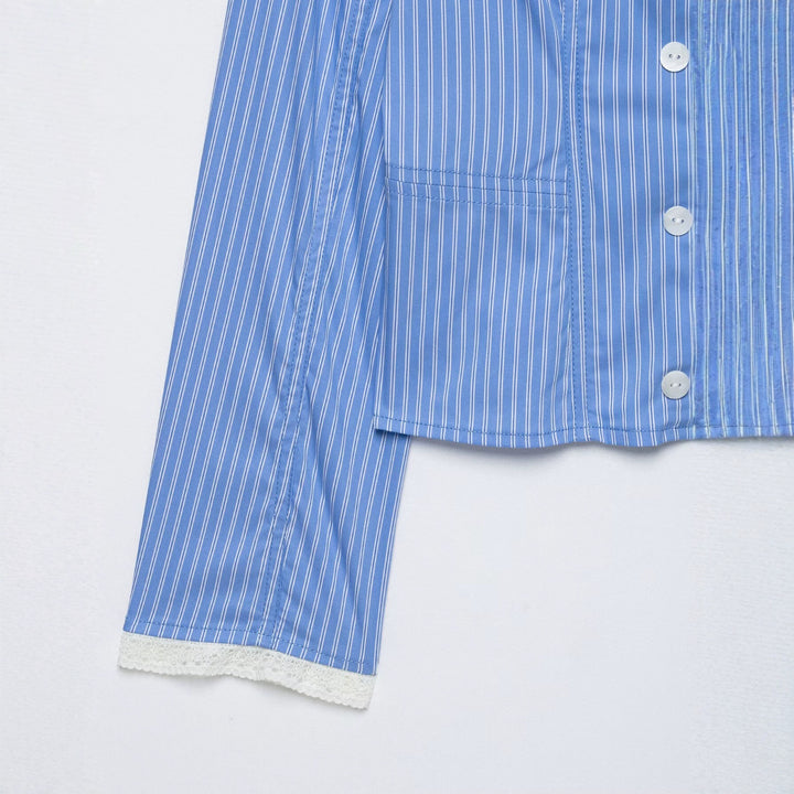 Women's Striped Cropped Blouse Jacket with Lace Trim and Stand-Up Collar Drune