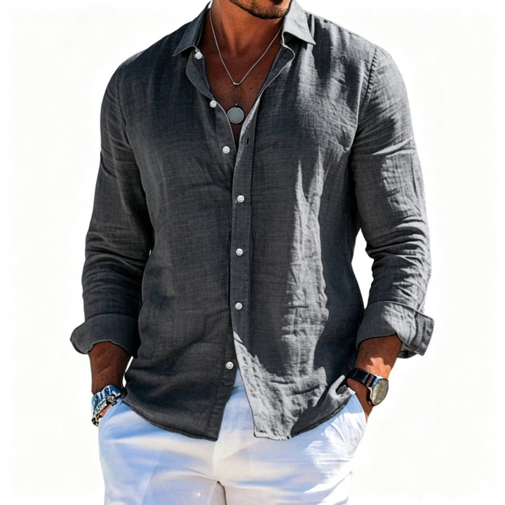 Men's structured linen shirt with open collar, lightweight texture and casual-tailored fit Mune Fashion