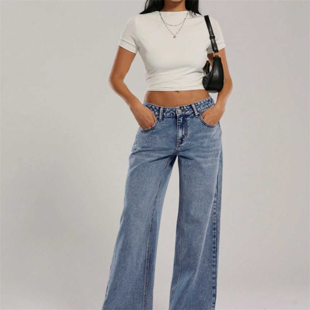 Women's High-Waisted Denim Pants with Extra Wide Leg and Clean Vintage Wash Mune Fashion