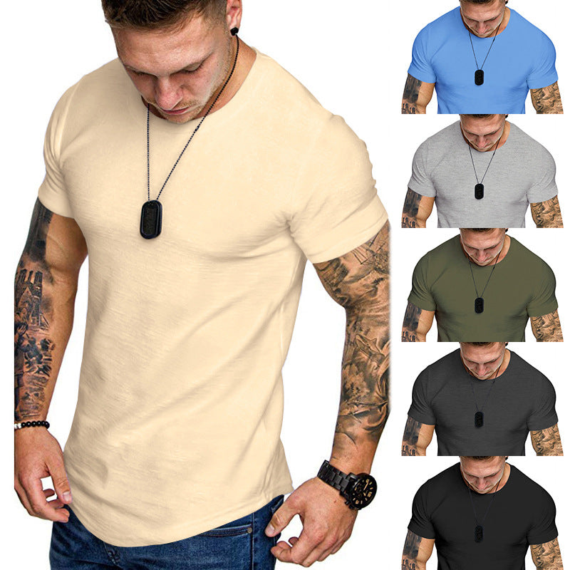 Men's figure-hugging round neck shirt with athletic cut elastic cotton-elastane mix and rounded hem Mune Fashion