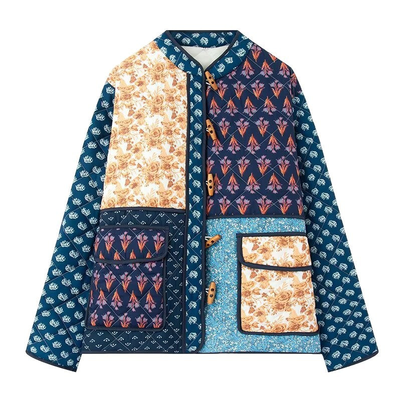 Women Padded Patchwork Quilted Jacket with Toggle Closures and Patch Pockets Mune Fashion