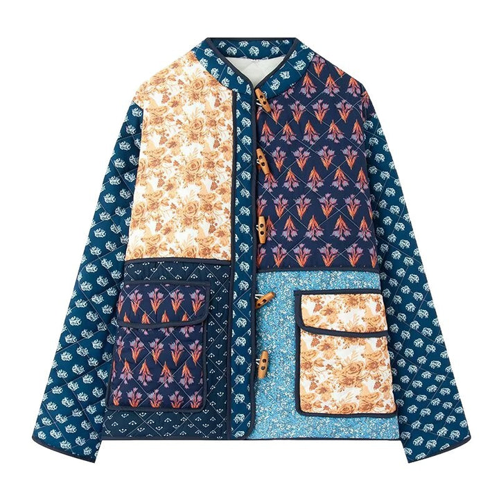 Women Padded Patchwork Quilted Jacket with Toggle Closures and Patch Pockets Mune Fashion