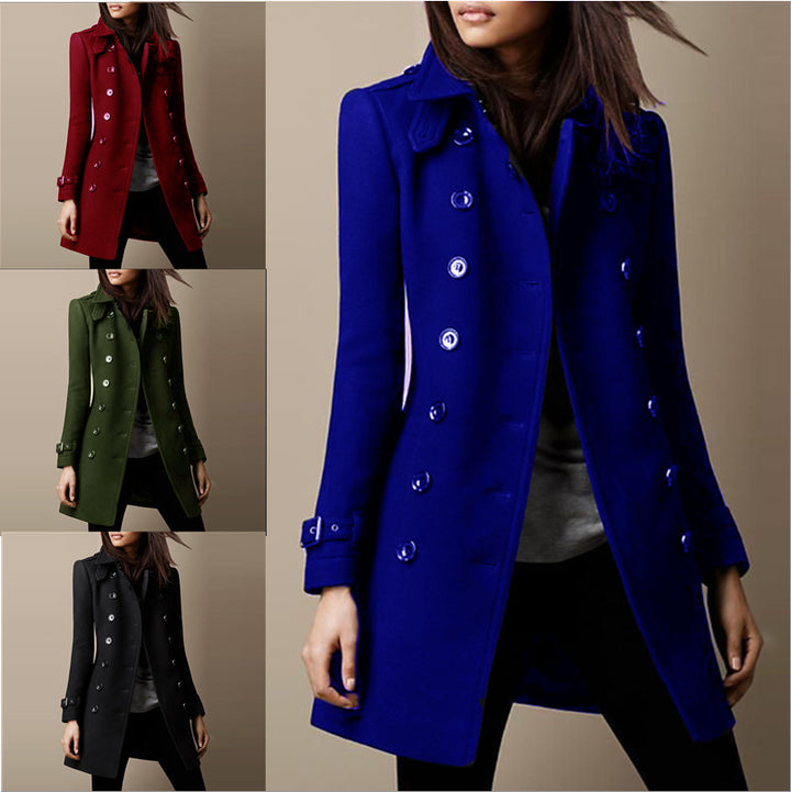 Women's Double-Breasted Wool Blend Trench Coat with Waist Belt Mune Fashion