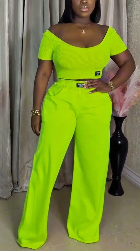 Women's off-the-shoulder ribbed crop top with wide-cut, high-waisted palazzo pants Mune Fashion