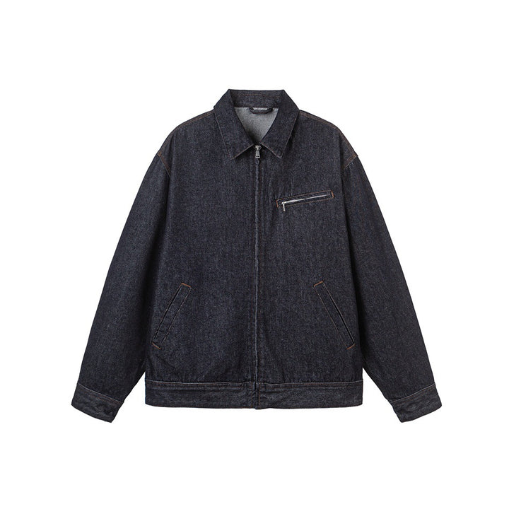 Men's Loose-Fit Denim Worker Jacket with Hidden Zipper and Slanted Chest Pocket Mune Fashion