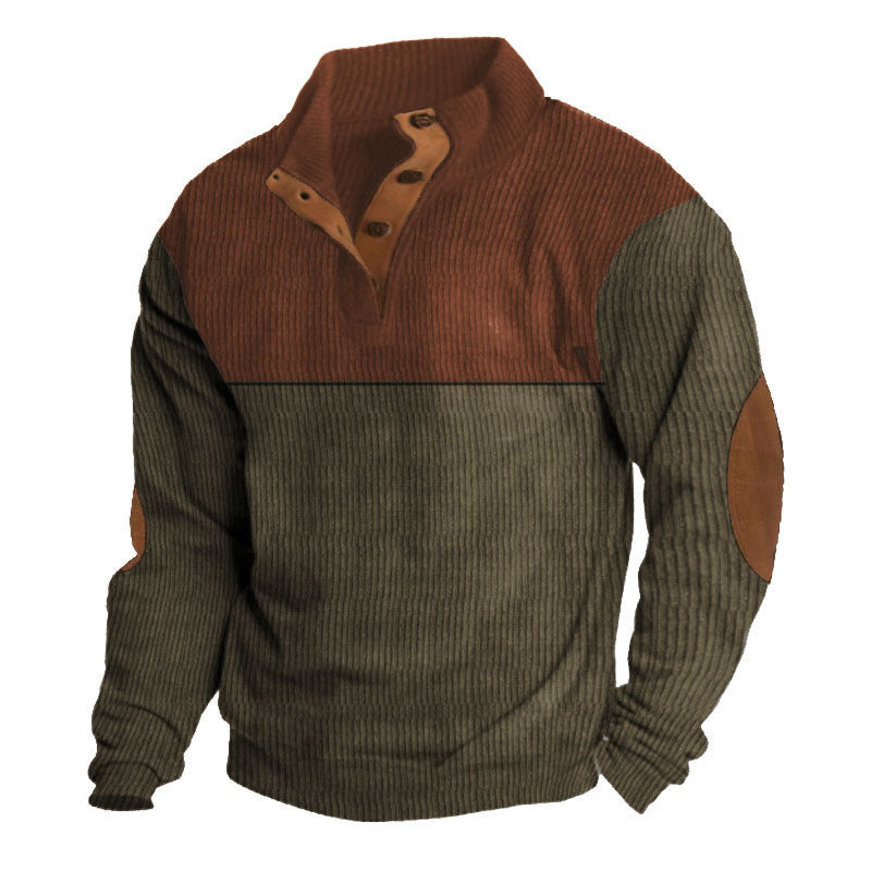 Men's ribbed pullover with stand-up collar, button placket, and elbow patches Mune Fashion