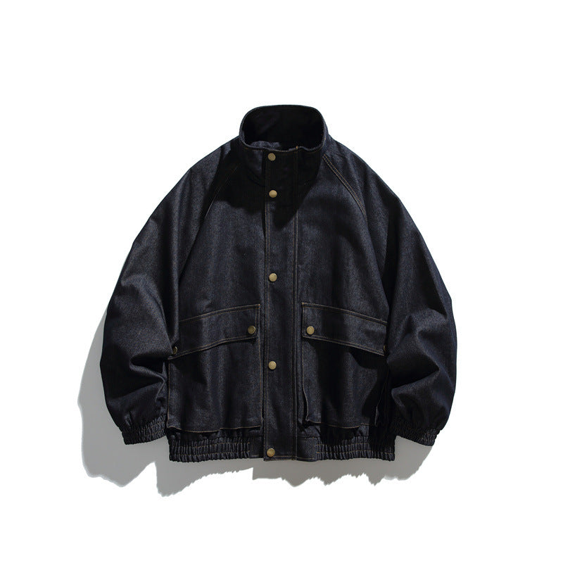 Unisex Boxy Denim Jacket with Stand-up Collar, Snap Button Front and Elastic Hem Mune Fashion
