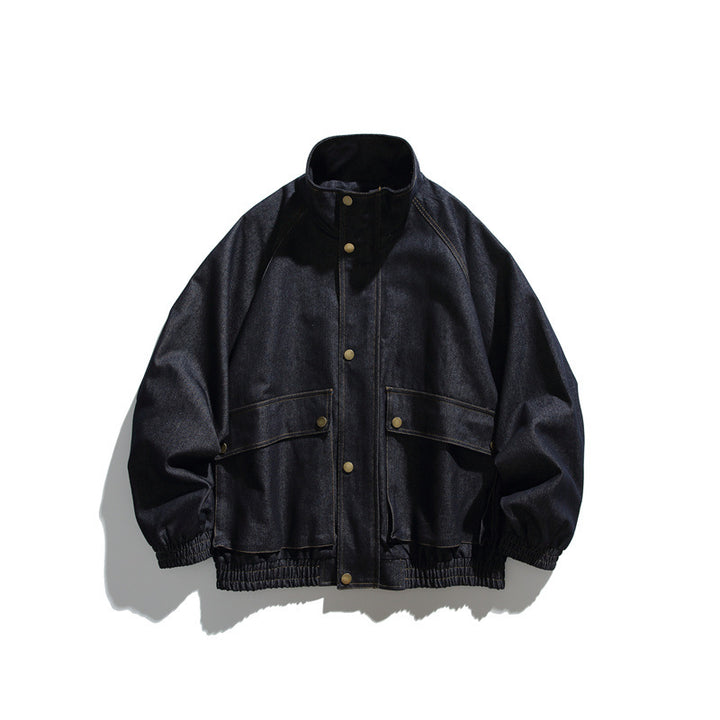Unisex Boxy Denim Jacket with Stand-up Collar, Snap Button Front and Elastic Hem Mune Fashion