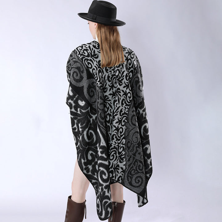 Women's Oversized Kimono Poncho in Jacquard Knit with Ornamental Pattern and V-Neck