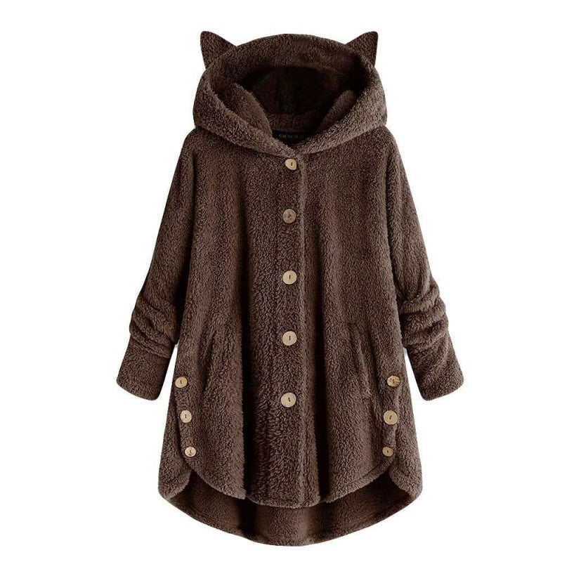 Women's Hooded Teddy Coat with Cat Ears, Button Placket and Asymmetrical Hem Mune Fashion