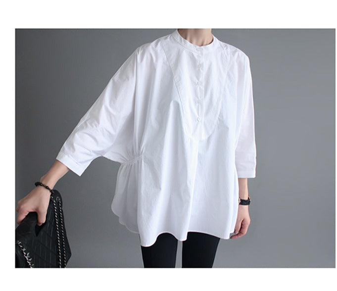 Women's oversized blouse with stand collar, balloon-shaped silhouette, and 3/4 sleeves Mune Fashion