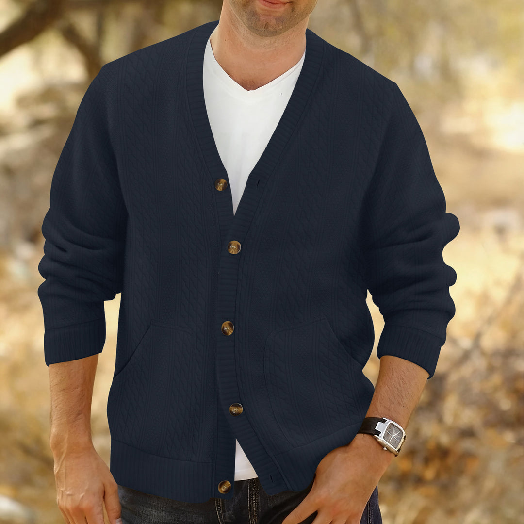 Men's Structured Knit Cardigan with Cable and Waffle Pattern, Button Placket and Patch Pockets Mune Fashion