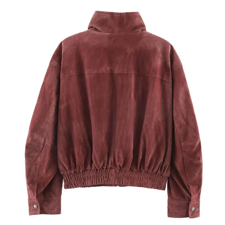 Women's short-cut suede bomber jacket with stand-up collar, gathered hem, and patch pockets Mune Fashion