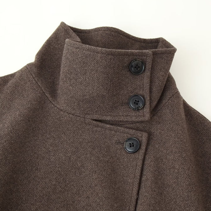 Ladies Mid-length Wool Blend Coat with Stand Collar, Asymmetric Button Placket and Waist Belt Mune Fashion