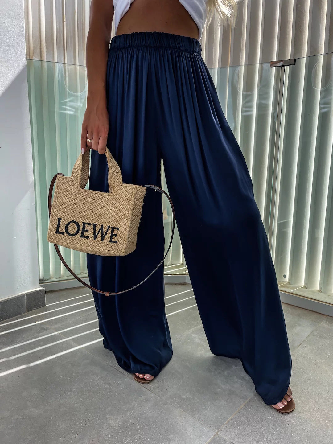 Women wide-cut Palazzo pants with high elastic waistband and flowing jersey Mune Fashion