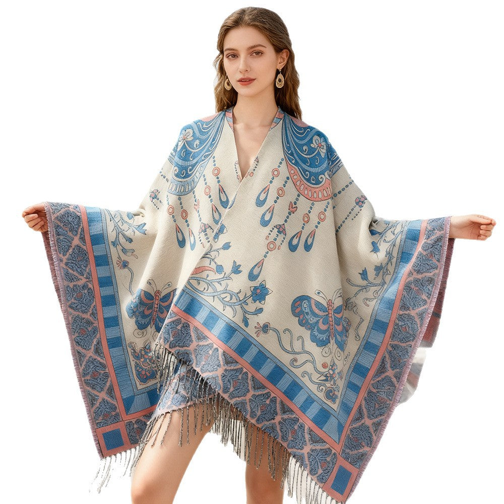 Women Jacquard Statement Poncho with paisley and butterfly motif as well as fringes Mune Fashion