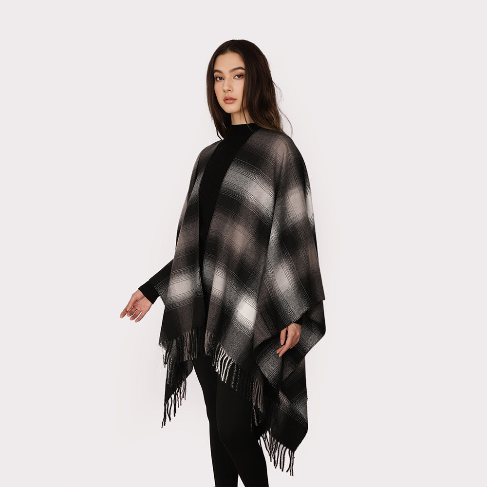 Women Oversize Wool Blend Poncho Cape with Ombre Check Pattern and Fringe Hem Mune Fashion