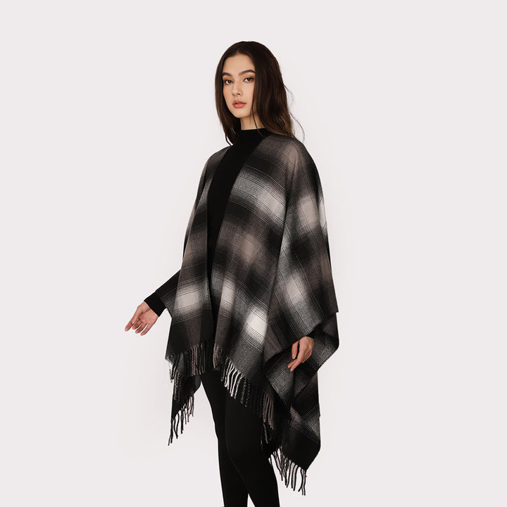Women's wool blend cape in dégradé check with open front and fringes Mune Fashion