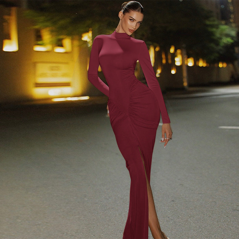 Women's Figure-Hugging Evening Maxi Dress with High Round Neck, Long Sleeves, Gathered Hip Area and Front Slit Mune Fashion