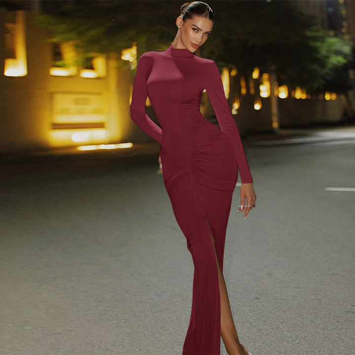 Women's Figure-Hugging Evening Maxi Dress with High Round Neck, Long Sleeves, Gathered Hip Area and Front Slit Mune Fashion