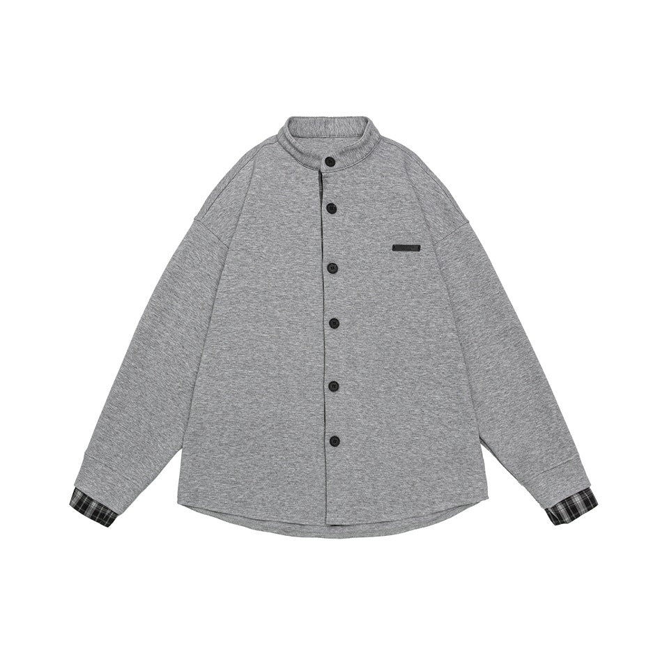 Unisex Oversized Shirt Jacket in Sweat Overlay with Stand-Up Collar and Checkered Inner Cuff Mune Fashion