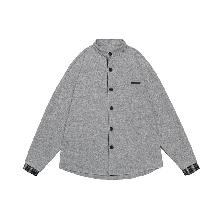 Unisex Oversized Shirt Jacket in Sweat Overlay with Stand-Up Collar and Checkered Inner Cuff Mune Fashion