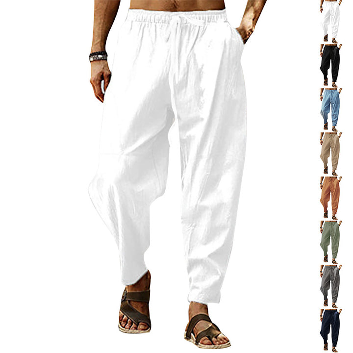 Men's relaxed summer slouch pants made of linen blend with elastic waistband and tapered ankle cuffs Mune Fashion