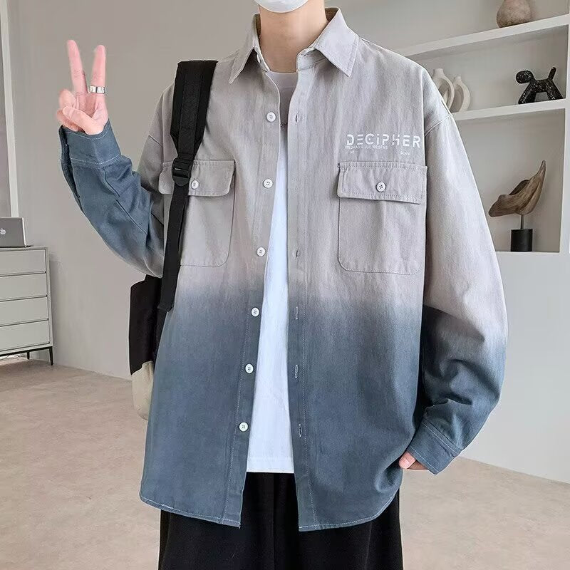 Men's Oversize Dip Dye Cotton Shirt with Chest Pockets and Gradient Coloring Mune Fashion