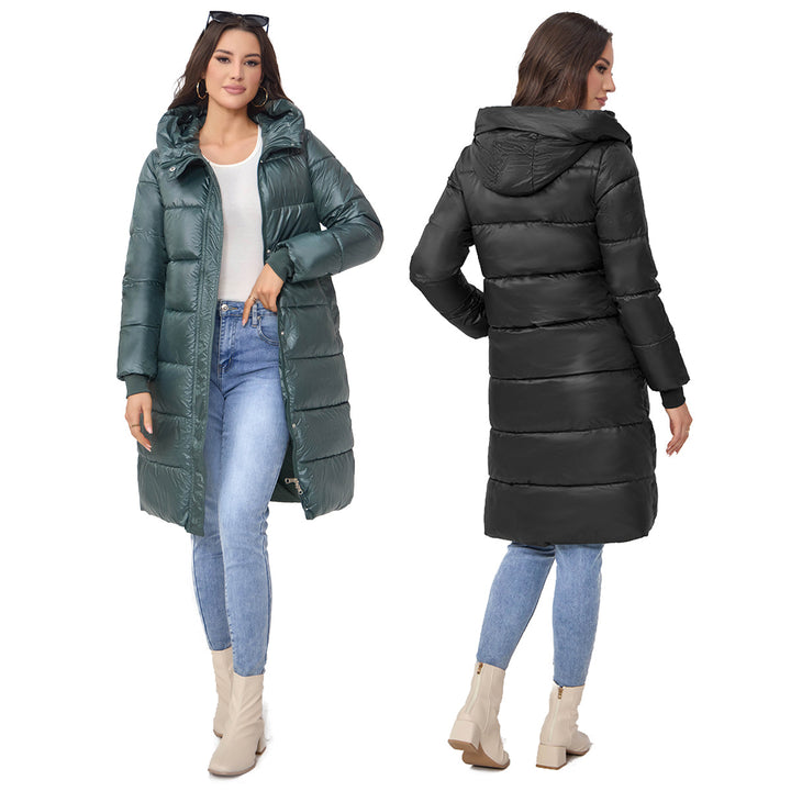 Women Long Puffer Coat with High Stand-Up Collar, Quilted Padding, and Elastic Cuffs Mune Fashion