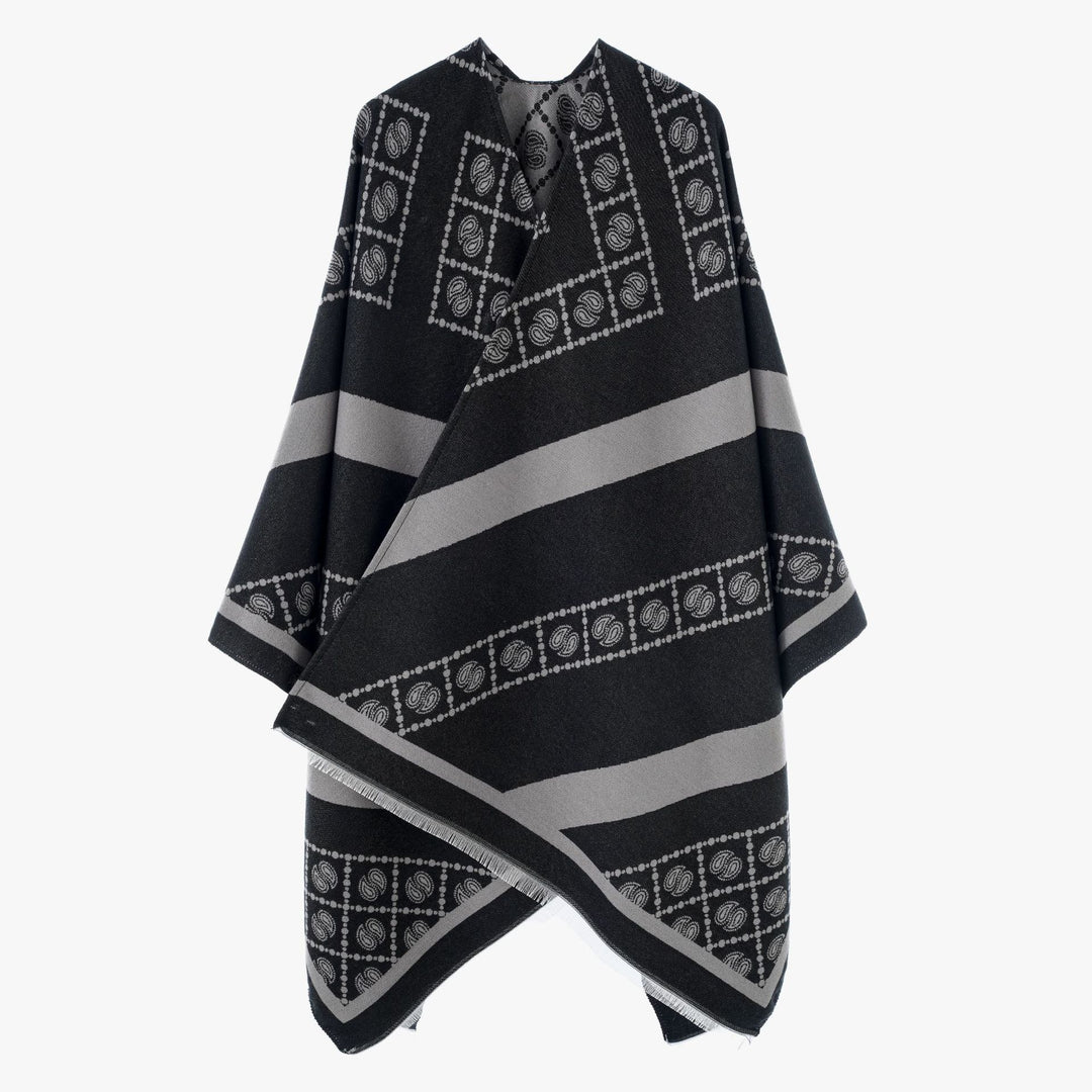 Women's jacquard cape-style wrap with paisley trim and fringes Mune Fashion