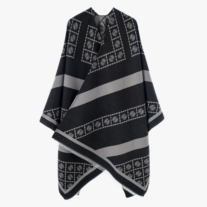 Women's jacquard cape-style wrap with paisley trim and fringes Mune Fashion