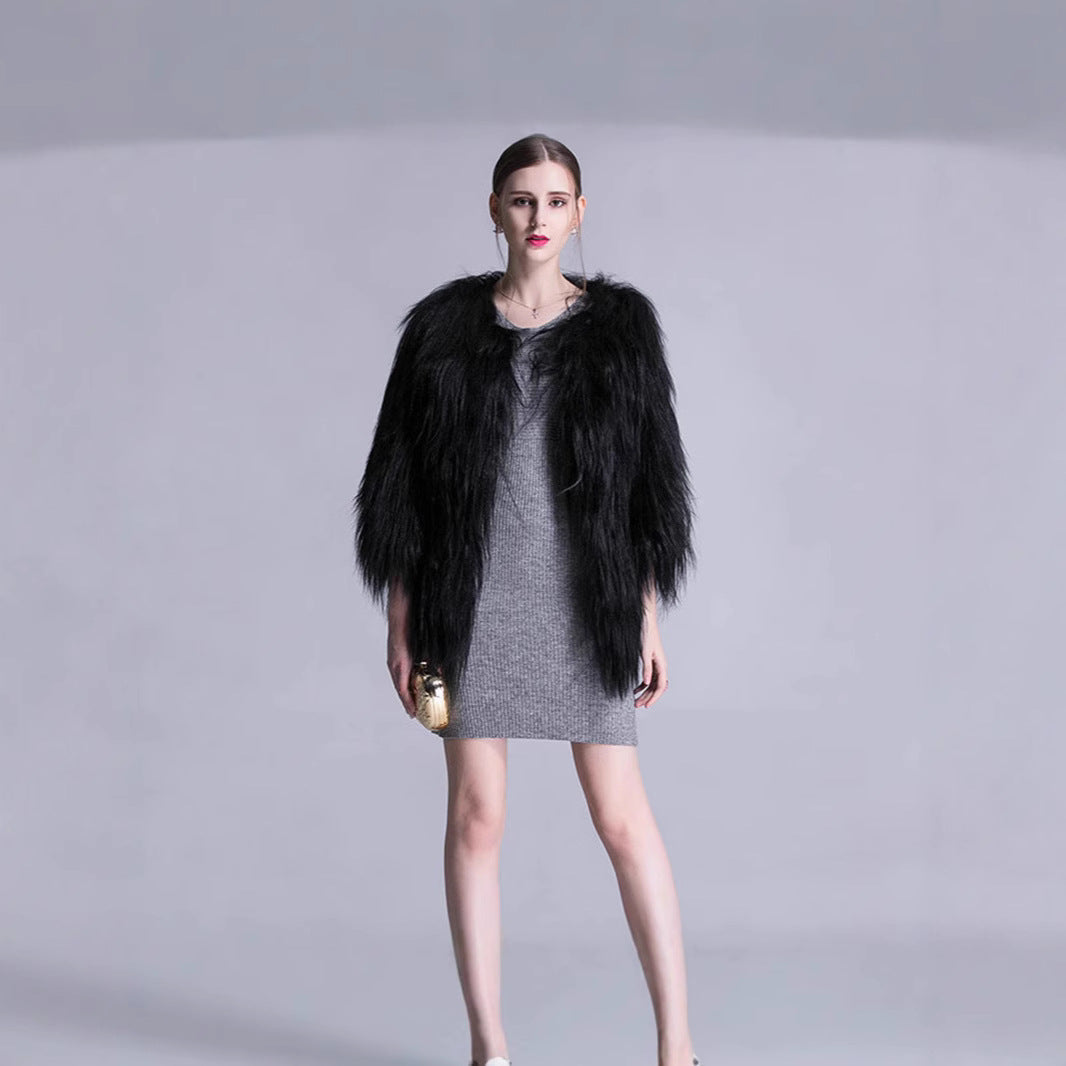 Women Long-Pile Faux Fur Coat with Open Front and Elegant Silhouette Mune Fashion