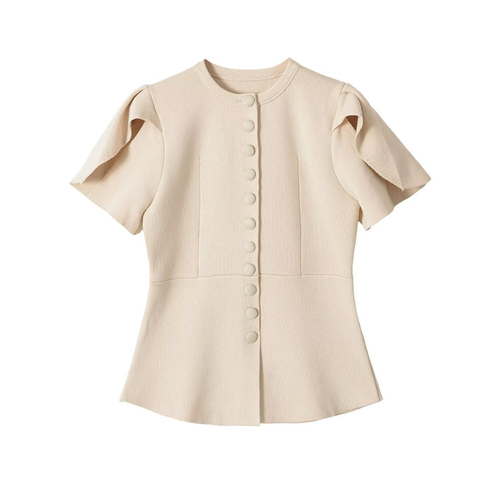 Women's Tailored Stretch Knit Blouse with Hidden Fabric Buttons and Double Ruffle Sleeves Mune Fashion