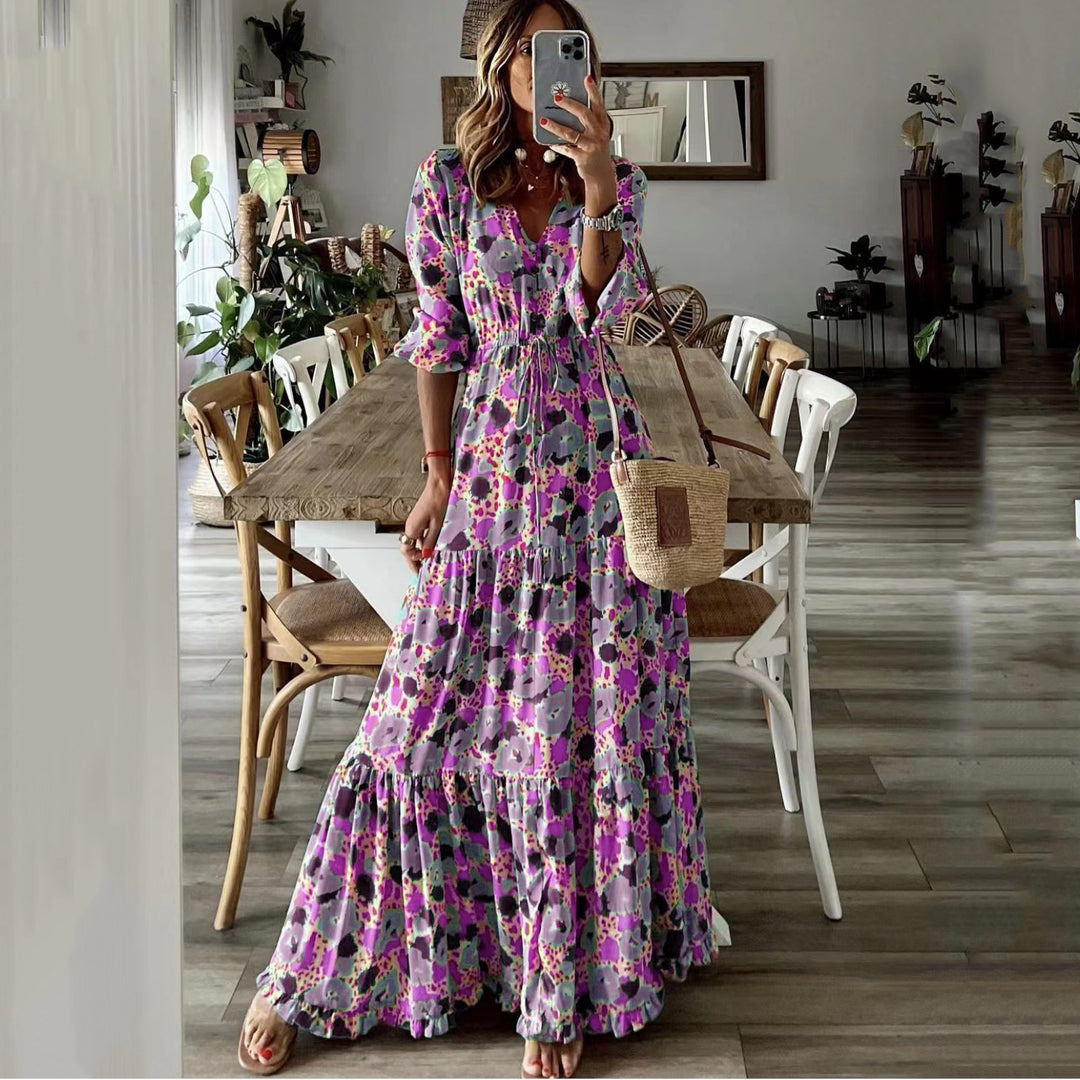 Women’s maxi dress with floral print, V-neck, tiered ruffle and drawstring waist Mune Fashion