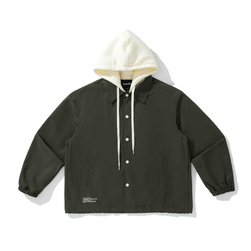 Unisex Two-Layer Overshirt Jacket with Attached Fleece Hood and Snap Button Placket Mune Fashion