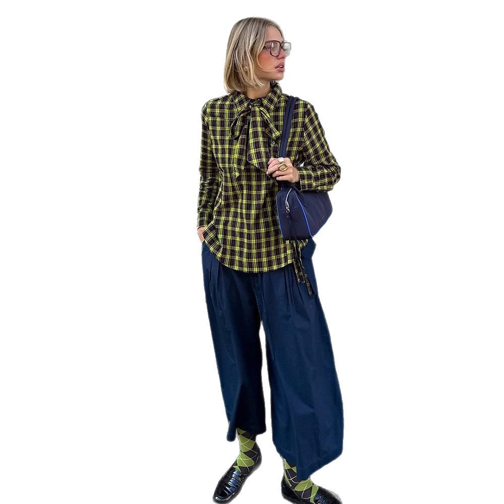 Ladies Checked Shirt Blouse with Drawstring Waist and Loose Fit Mune Fashion