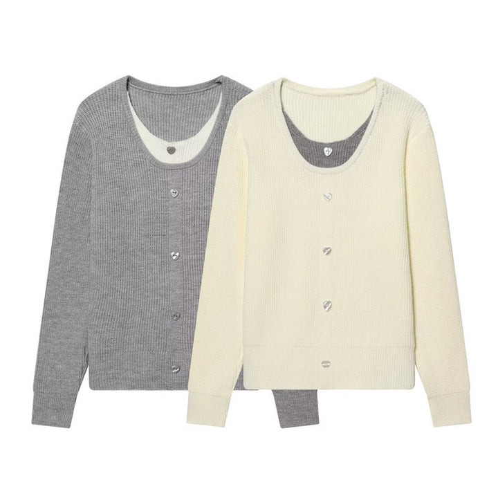 Women's two-layer fine knit cardigan with integrated under top and heart buttons Mune Fashion