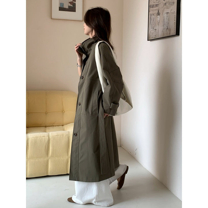 Women Lightweight Oversized Trench Coat with Stand Collar and Large Pockets Mune Fashion