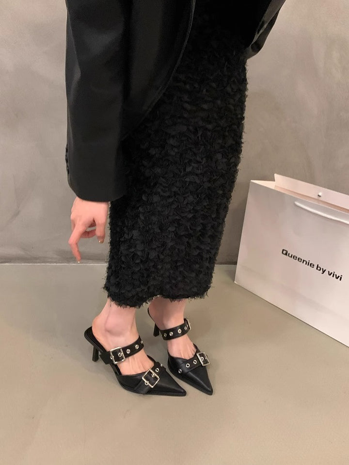Women's pointed toe mule slippers with double buckle strap, eyelet detail, and low kitten heel Mune Fashion