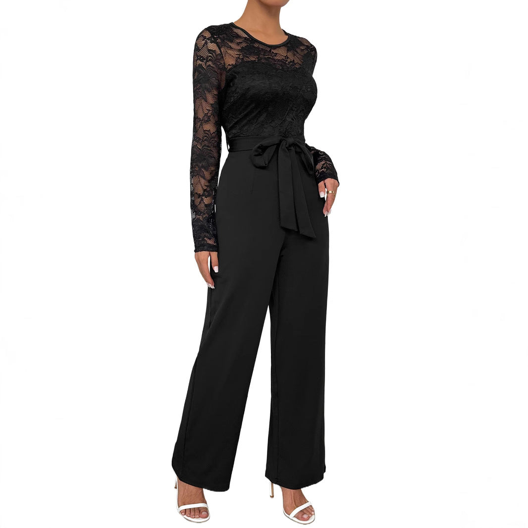 Women's Elegant Jumpsuit with Transparent Lace Top, Waist-Defining Tie Belt & Wide Palazzo Leg