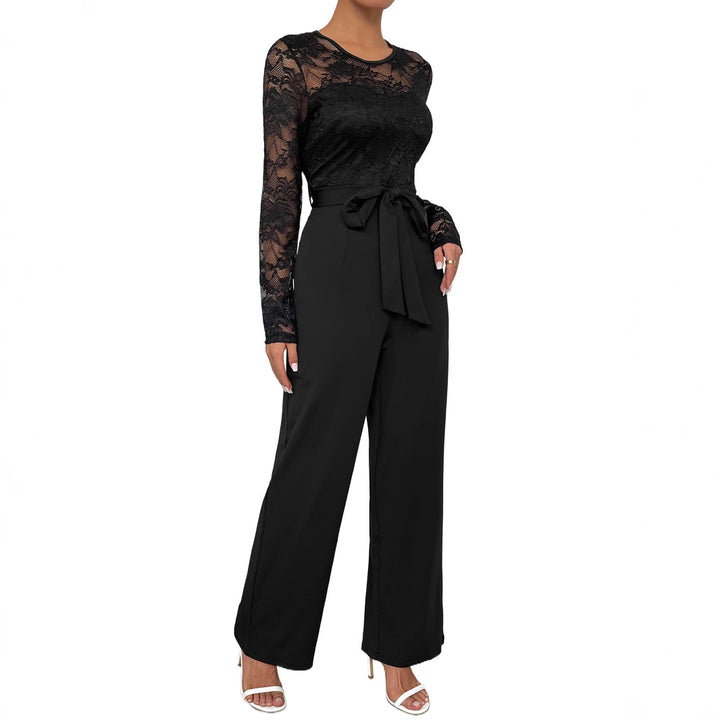 Women's Elegant Jumpsuit with Transparent Lace Top, Waist-Defining Tie Belt & Wide Palazzo Leg
