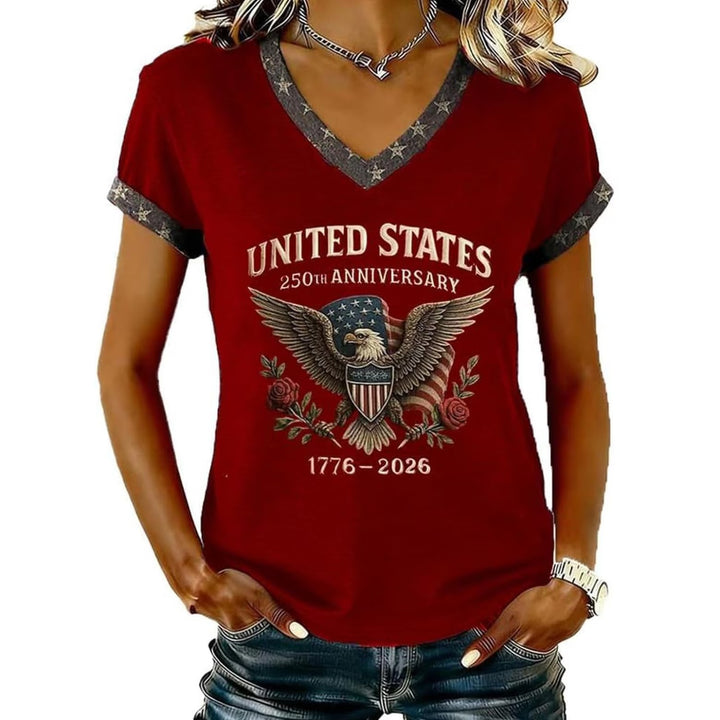 Women’s V-neck Retro Print T-shirt with Eagle Emblem and vintage-inspired Graphic Mune Fashion