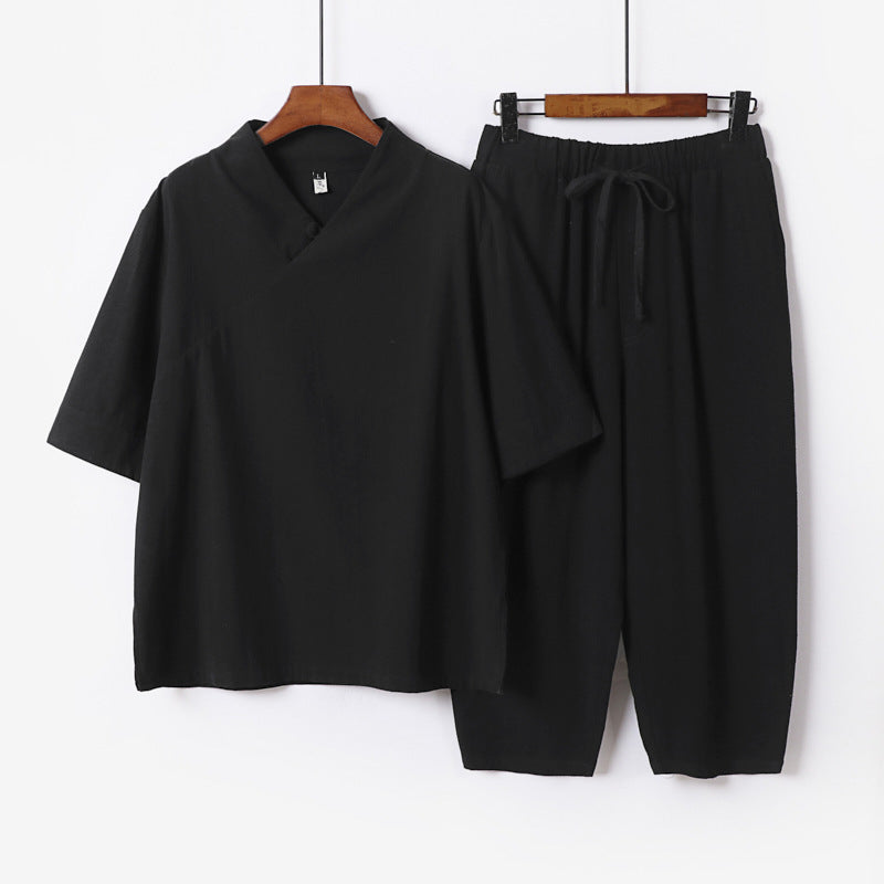 Men's Breathable Linen-Cotton Lounge Set with Asymmetrical V-Neck and Elastic Cord Pants Mune Fashion