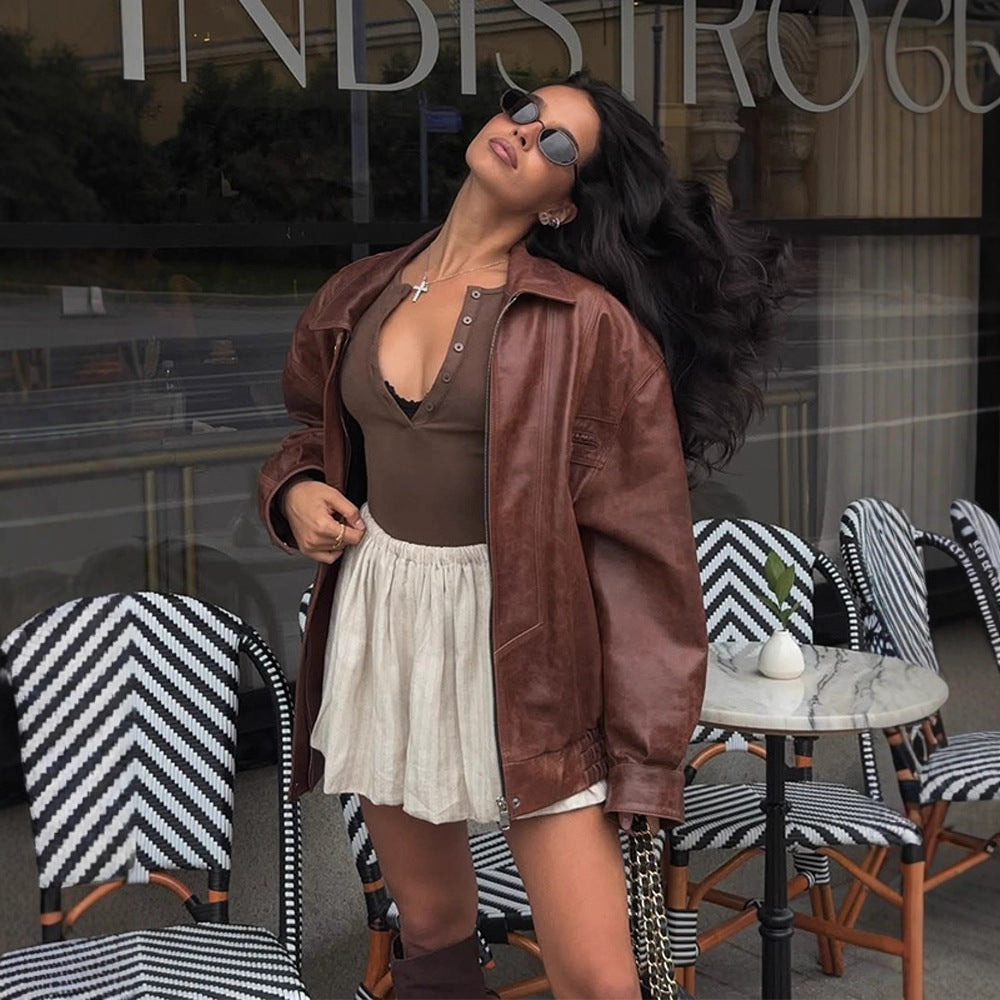 Women's Oversized Faux Leather Jacket in Biker Style with Shirt Collar and Zipper Mune Fashion