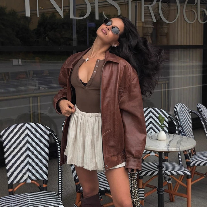 Women's Oversized Faux Leather Jacket in Biker Style with Shirt Collar and Zipper Mune Fashion