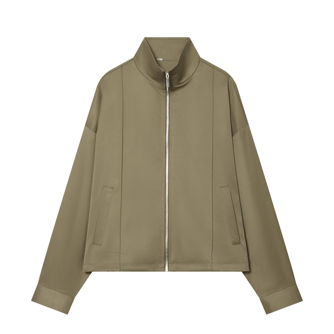 Women Cropped Boxy Transitional Jacket with Funnel Collar and Full-length Zip Mune Fashion