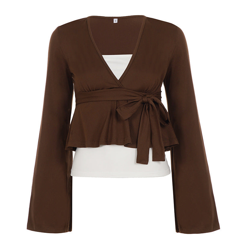 Women's Wrap Peplum Top with Bell Sleeves Mune Fashion