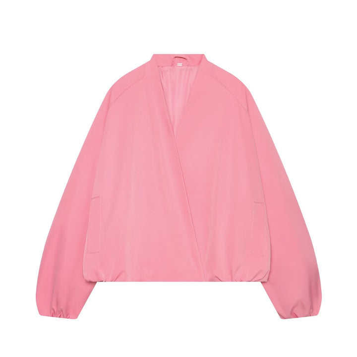 Women's Oversize Cropped Bomber Jacket with Open V-Neck and Elastic Hem Mune Fashion